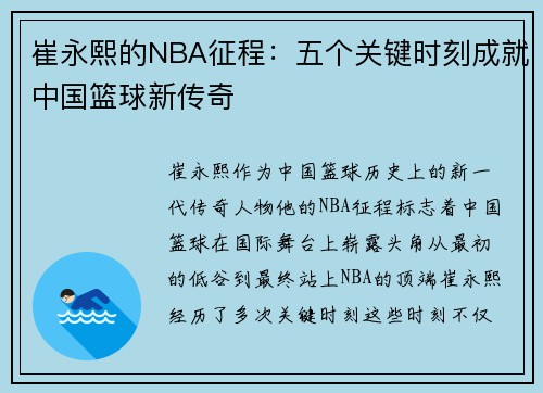 崔永熙的NBA征程：五个关键时刻成就中国篮球新传奇