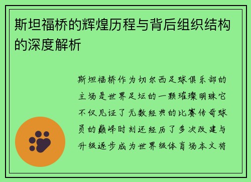 斯坦福桥的辉煌历程与背后组织结构的深度解析