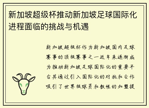 新加坡超级杯推动新加坡足球国际化进程面临的挑战与机遇